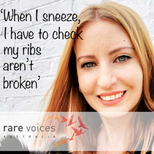 Photo of Lily smiling with the words: When I sneeze, I have to check my ribs aren't broken